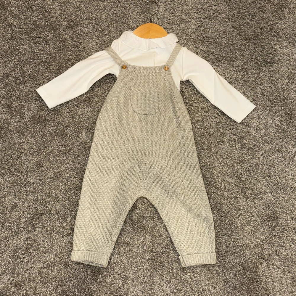 Gray Knit Overalls with White Long Sleeve Shirt